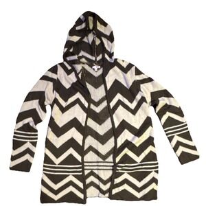 BONGO Chevron Hooded Cardigan Sweater Black White Knit Women's Size L